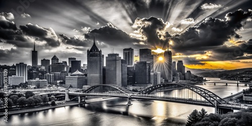 Pittsburgh Skyline Silhouette - Black and White Stock Photo