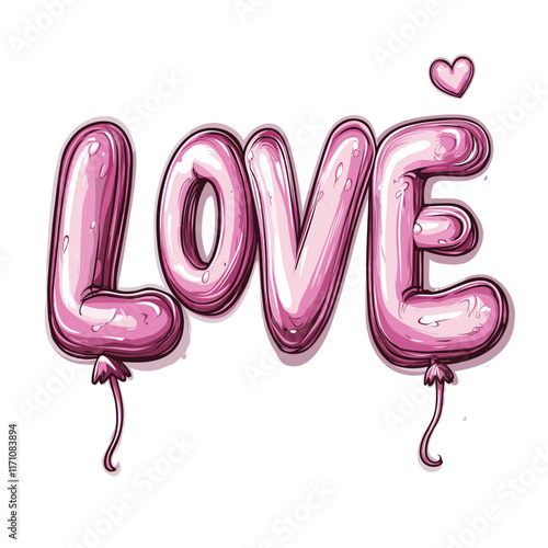 Glossy pink LOVE text with playful heart designs.