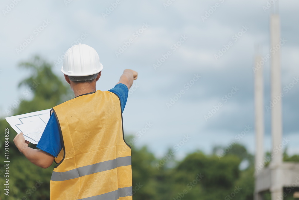 Engineering Consulting People on construction site holding blueprint in his hand. Building inspector. Construction site check drawing and business workflow of new building Engineering Consulting People on construction site holding blueprint in his hand. Building inspector. Construction site check drawing and business workflow of new building