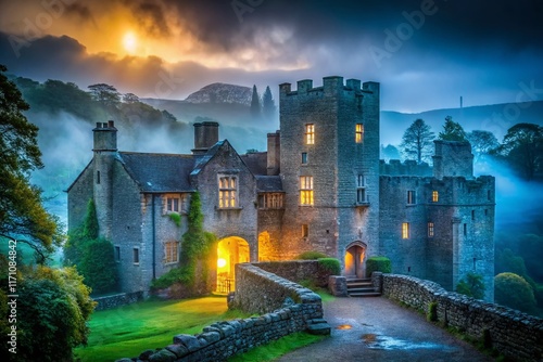 Pomeroy Castle Devon England, Night Photography, Dramatic Low Light, Ancient Ruins, Historic Landmark photo