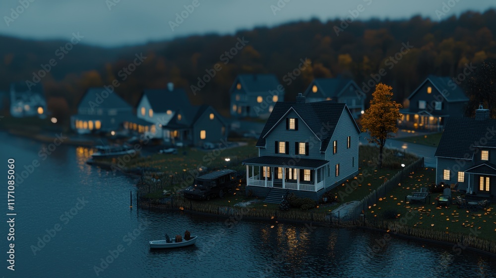 Serene Lakeside Retreat at Dusk with Autumn Foliage and Cozy Homes Illuminated by Warm Lights Serene Lakeside Retreat at Dusk with Autumn Foliage and Cozy Homes Illuminated by Warm Lights