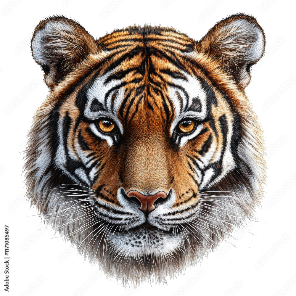 Fototapeta premium A tiger's face is drawn in a bold, colorful style. The tiger's eyes are large and yellow, and its nose is black. The tiger's fur is striped, and its whiskers are long and prominent