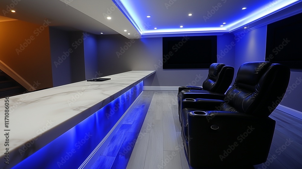 A basement entertainment room with a white marble countertop, high-end black leather furniture, and glowing LED lighting integrated throughout. The design is sleek and sophisticated. A basement entertainment room with a white marble countertop, high-end black leather furniture, and glowing LED lighting integrated throughout. The design is sleek and sophisticated.