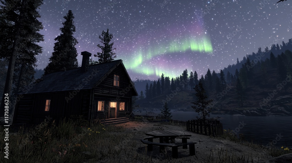 A serene cabin by a lake under a starry sky and northern lights. A serene cabin by a lake under a starry sky and northern lights.