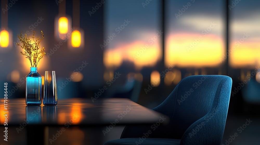 Elegant Modern Table Setup with Blue Decor and Soft Lighting in a Contemporary Restaurant at Sunset Elegant Modern Table Setup with Blue Decor and Soft Lighting in a Contemporary Restaurant at Sunset