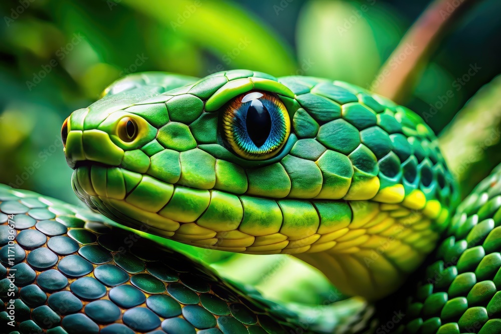 Green Eyed Snake Tilt Shift Photo, Black Scales, Staring Green Eyed Snake Tilt Shift Photo, Black Scales, Staring