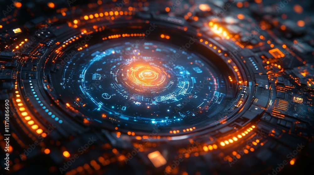 Futuristic technology interface, glowing circular circuit board with digital data. Futuristic technology interface, glowing circular circuit board with digital data.