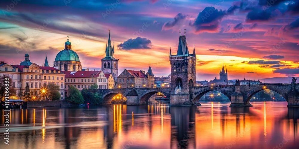 Naklejka premium Prague Charles Bridge Twilight Double Exposure: Malostranska & Judith Towers
