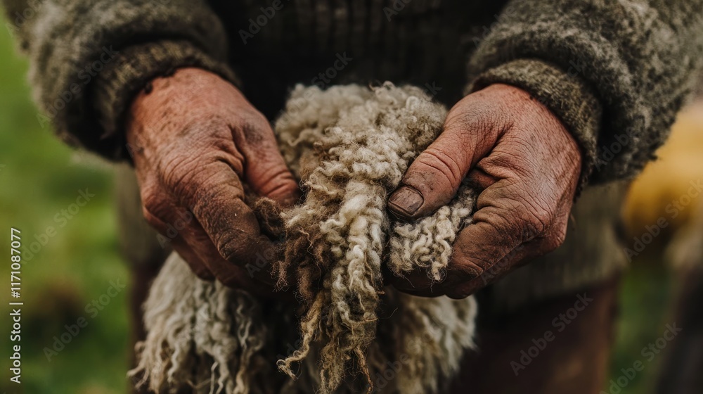 A close-up of weathered hands holding a bundle of sheep wool in a natural setting. A close-up of weathered hands holding a bundle of sheep wool in a natural setting.