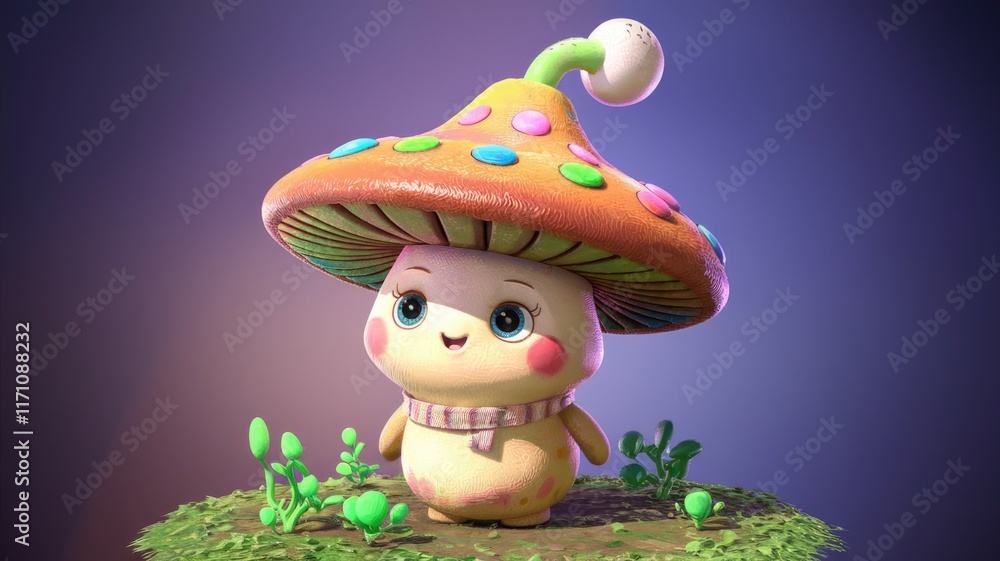 Naklejka premium Adorable 3D-rendered mushroom character with colorful cap, big eyes, and a happy expression.
