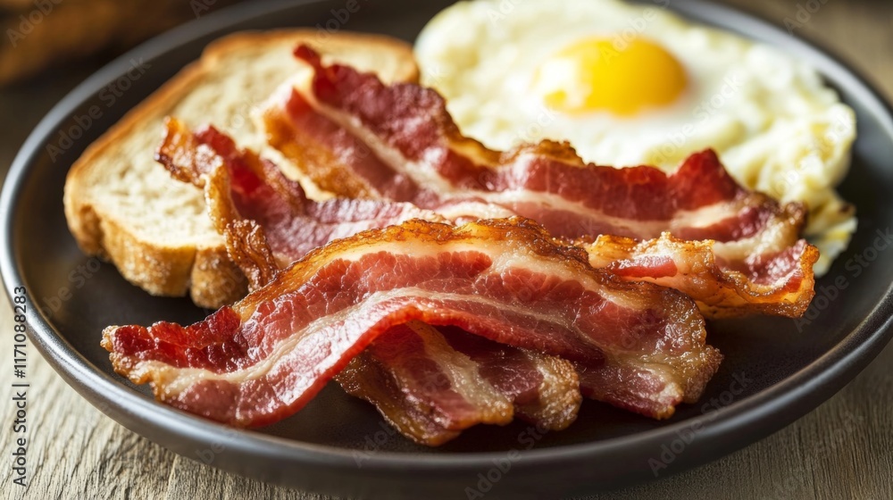 A breakfast plate with crispy bacon strips next to scrambled eggs and toast, creating a hearty morning meal on a wooden table. A breakfast plate with crispy bacon strips next to scrambled eggs and toast, creating a hearty morning meal on a wooden table.