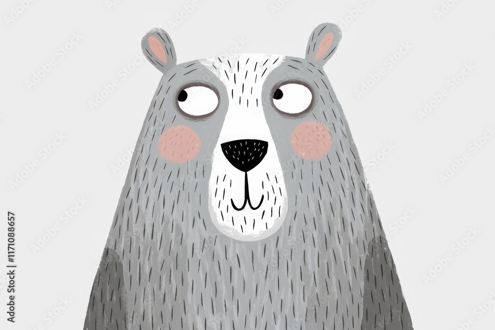 Fototapeta premium A cute, gray bear with big eyes looks inquisitively, a charming illustration.