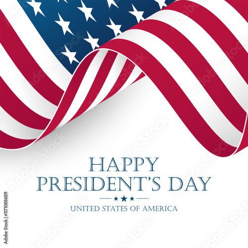 Happy President's Day greeting card with waving American flag. United States Presidents Day holiday greetings. Vector illustration.