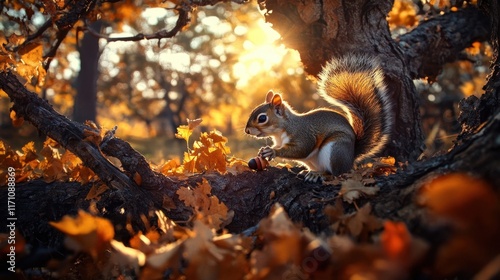 Wallpaper Mural A squirrel is sitting on a tree branch in the fall. The leaves on the ground are orange and yellow, creating a warm and cozy atmosphere Torontodigital.ca