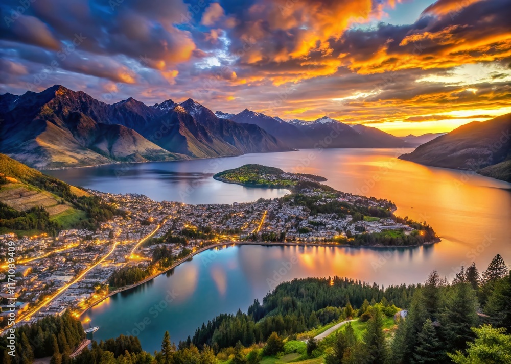 Obraz premium Queenstown New Zealand Dusk Skyline Panoramic View - Breathtaking Lake Wakatipu Sunset Landscape