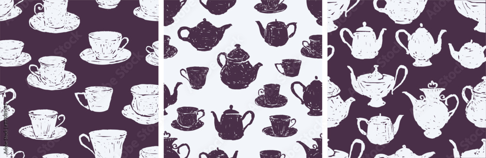 Seamless patterns of hand drawn teacups and teapots silhouettes, background, wallpaper, paper, vector illustration Seamless patterns of hand drawn teacups and teapots silhouettes, background, wallpaper, paper, vector illustration