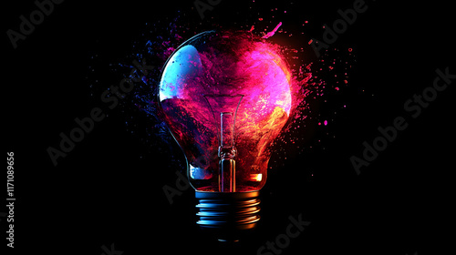 Colorful exploding lightbulb, creative idea concept, dark background, innovation imagery