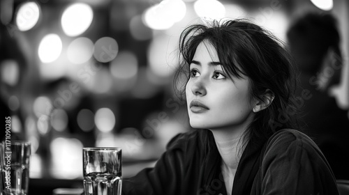 Pensive woman gazes thoughtfully, illuminated by soft ambient li
