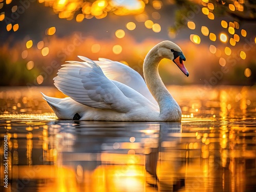 Swan River's breathtaking beauty: bokeh-enhanced photos showcasing elegant white swans and shimmering water reflections. photo