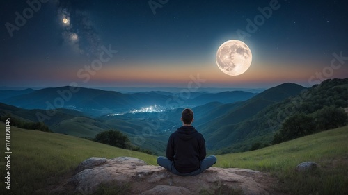 Serene Man Meditates Under a Majestic Full Moon: Night Landscape