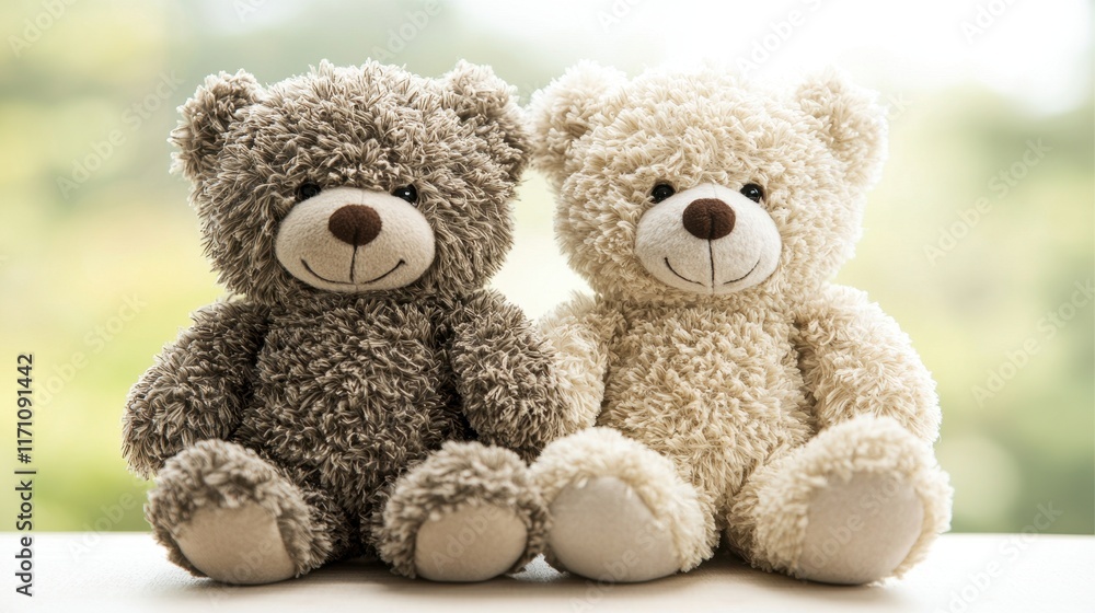 Fototapeta premium Cute and Cozy Teddy Bears Sitting Together on a Soft Surface with a Peaceful Background