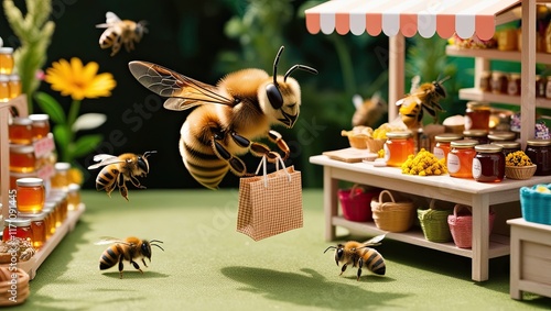 Whimsical scene of bees shopping at a vibrant market for honey and flowers