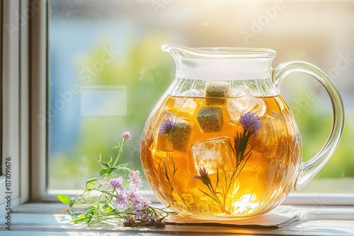 Refreshing tea in glass pitcher, infused with herbs and ice cube photo