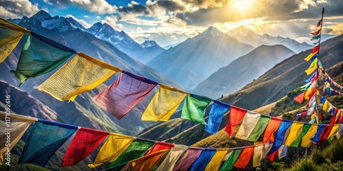Windswept Tibetan prayer flags; a minimalist photograph capturing spiritual serenity and peaceful movement.