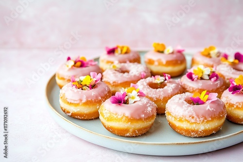 Colorful donuts adorned with flowers create delightful dessert d photo