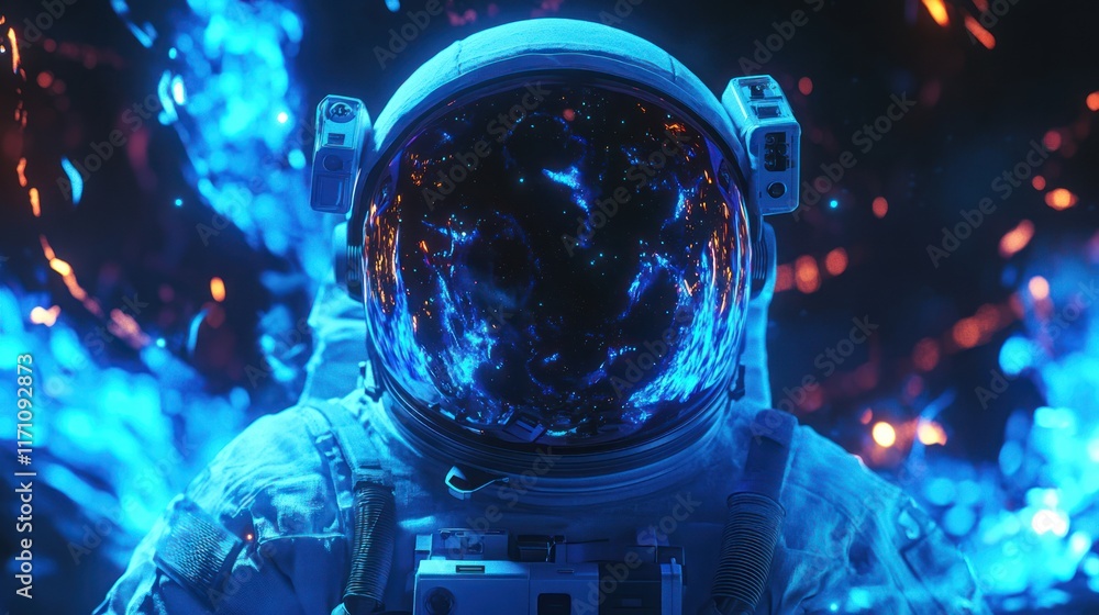 Naklejka premium Astronaut in a futuristic space suit, surrounded by vibrant blue and orange flames, wearing a helmet reflecting the flames.