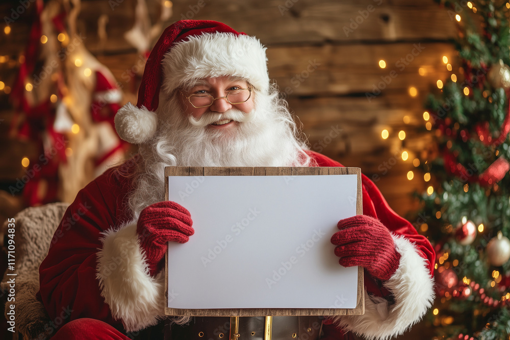Naklejka premium smiling Santa holding a blank sign. Concept of joy and excitement, as the Santa is holding a blank sign, which could be a blank slate for the viewer to fill with their own ideas or wishes