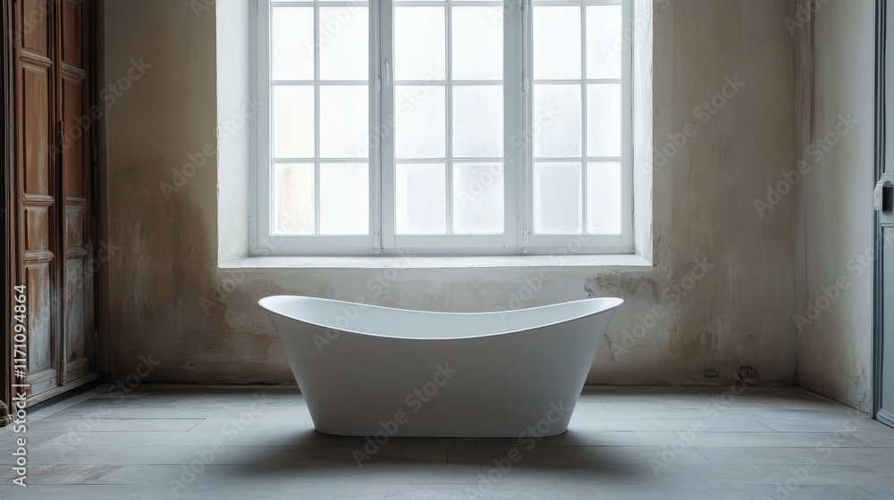 Minimalist empty bathroom with elegant bathtub under natural light Minimalist empty bathroom with elegant bathtub under natural light
