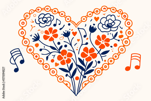 Floral Heart Design, Music Notes, Romantic Love, Orange and Blue