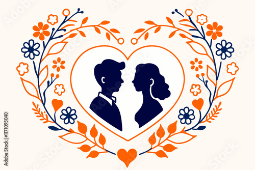 Romantic Couple Silhouette Heart Floral Wedding Design Illustration