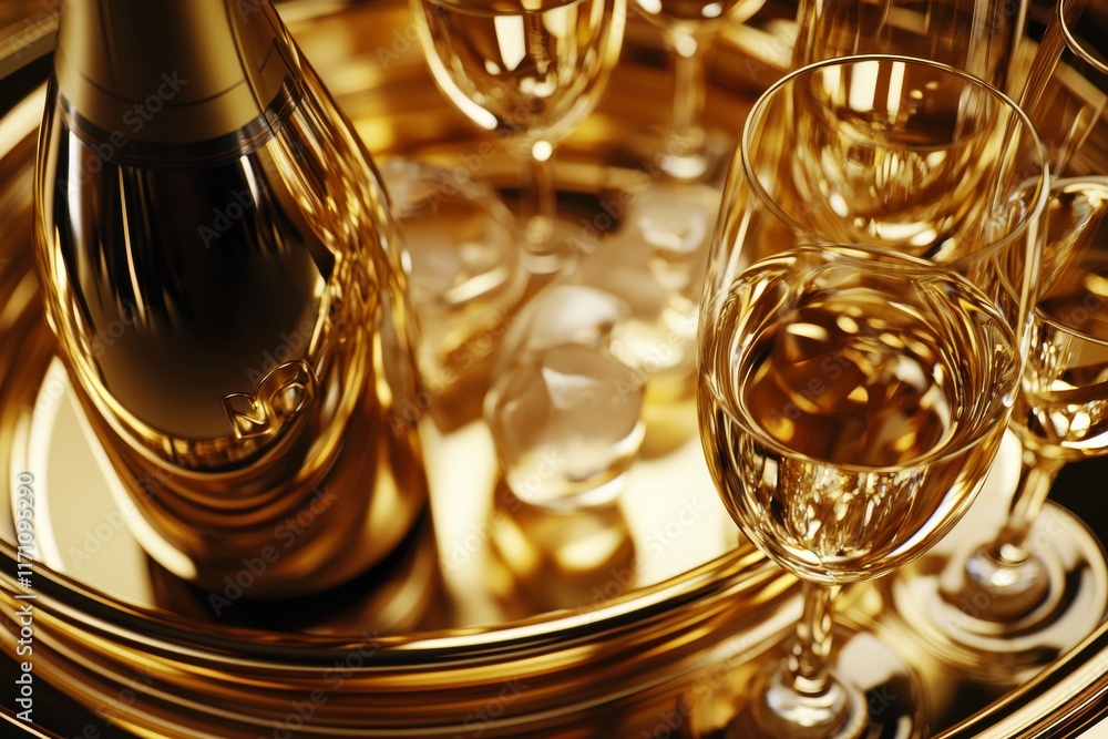 A close-up image of a champagne bottle resting in a bucket of ice, with glasses placed on a table nearby. Space available for text A close-up image of a champagne bottle resting in a bucket of ice, with glasses placed on a table nearby. Space available for text