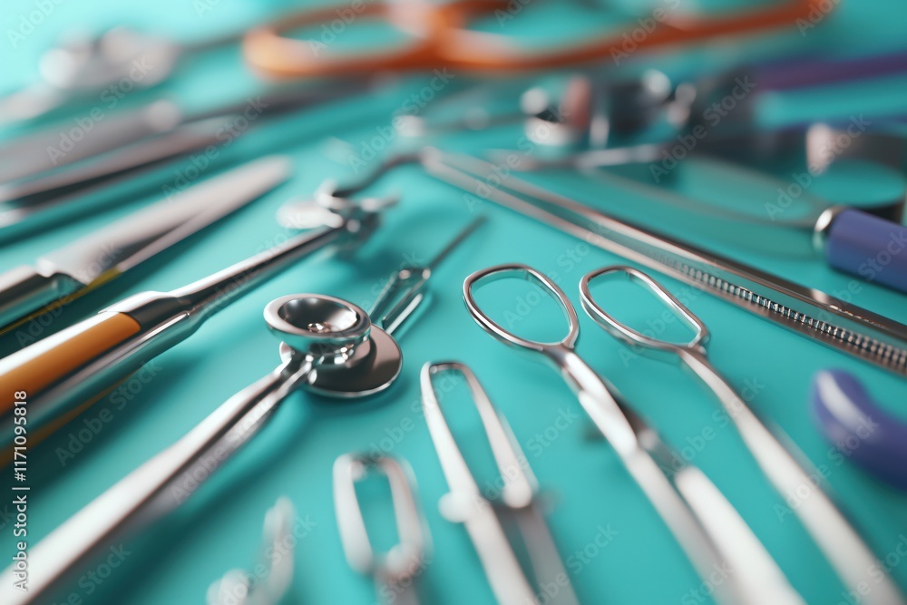 Close-Up of Surgical Instruments on a Vibrant Background for Medical and Healthcare Themes Close-Up of Surgical Instruments on a Vibrant Background for Medical and Healthcare Themes