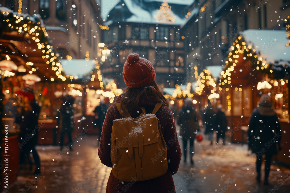 woman wearing a red hat and a backpack is walking down a snowy street. The street is decorated with Christmas lights and there are several other people walking around. The scene has a festive woman wearing a red hat and a backpack is walking down a snowy street. The street is decorated with Christmas lights and there are several other people walking around. The scene has a festive