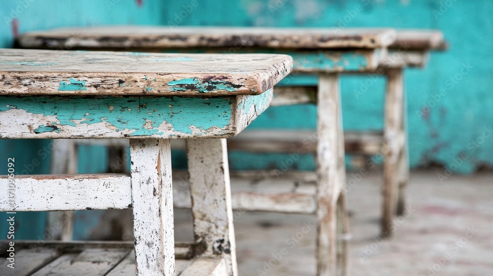Rustic wooden tables with peeling paint in an old room featuring a textured turquoise background Rustic wooden tables with peeling paint in an old room featuring a textured turquoise background