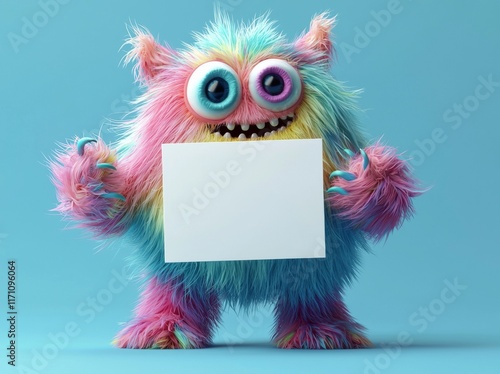 A colorful cartoon monster holding a blank sign, a cute 3D character with an empty banner.