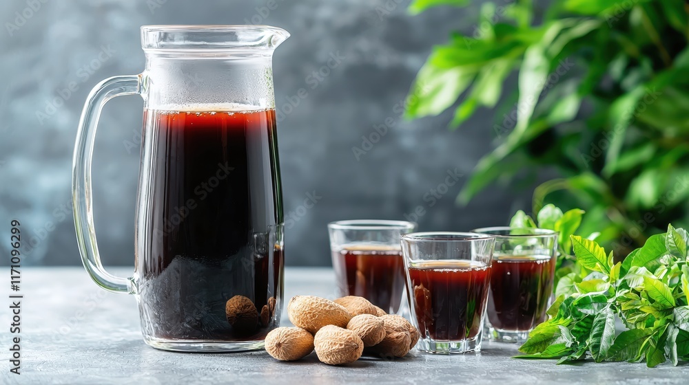Refreshing Dark Beverage in Glass Pitcher with Small Glasses and Nuts on Grey Table Refreshing Dark Beverage in Glass Pitcher with Small Glasses and Nuts on Grey Table