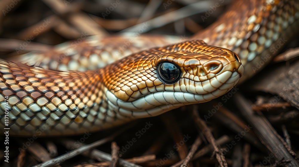 Close-up of a beautifully patterned snake resting among natural foliage Close-up of a beautifully patterned snake resting among natural foliage