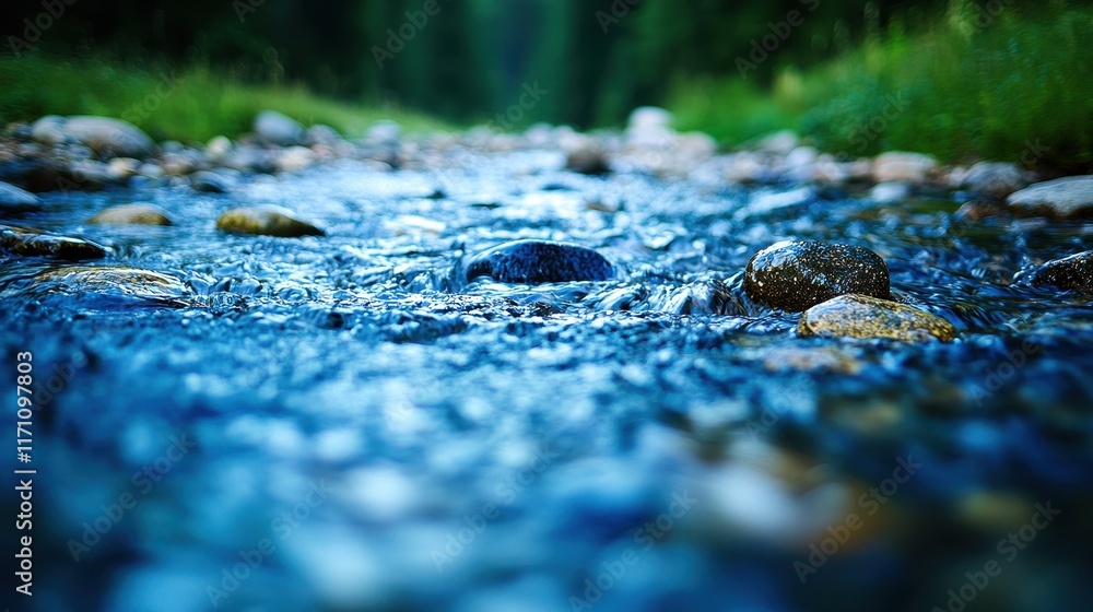 Tranquil Stream Flowing Through Pebble-Laden Riverbed in Lush Green Forest Landscape Tranquil Stream Flowing Through Pebble-Laden Riverbed in Lush Green Forest Landscape