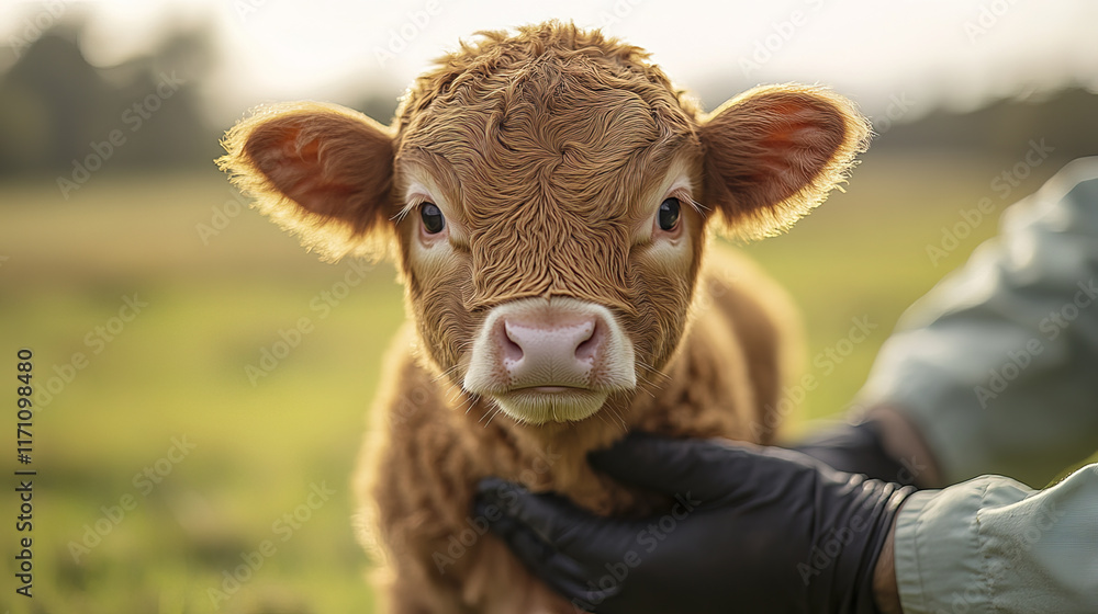 close up of calf being gently examined by veterinarian in field close up of calf being gently examined by veterinarian in field