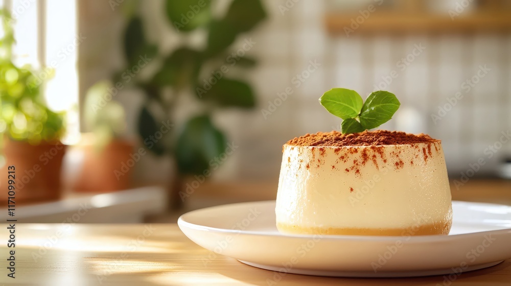 Creamy dessert with chocolate dust and fresh herb on a white plate in a bright kitchen Creamy dessert with chocolate dust and fresh herb on a white plate in a bright kitchen