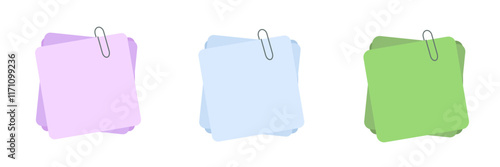 Note Paper vector on white background. Post it and paper clip.