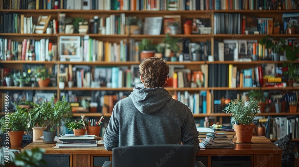 A Man Working at a Modern Home Office Desk Surrounded by Plants and Books A Man Working at a Modern Home Office Desk Surrounded by Plants and Books