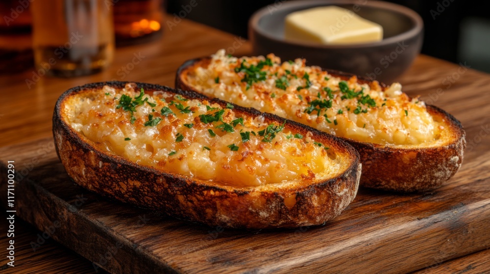 A close-up of golden-brown toast with a crispy texture, spread with creamy butter and a drizzle of honey, placed on a rustic wooden board. A close-up of golden-brown toast with a crispy texture, spread with creamy butter and a drizzle of honey, placed on a rustic wooden board.