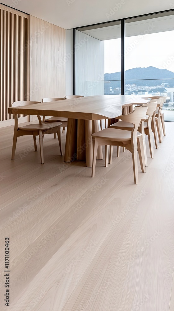 Modern minimalist dining room with a large wooden table and chairs, offering stunning views. Modern minimalist dining room with a large wooden table and chairs, offering stunning views.