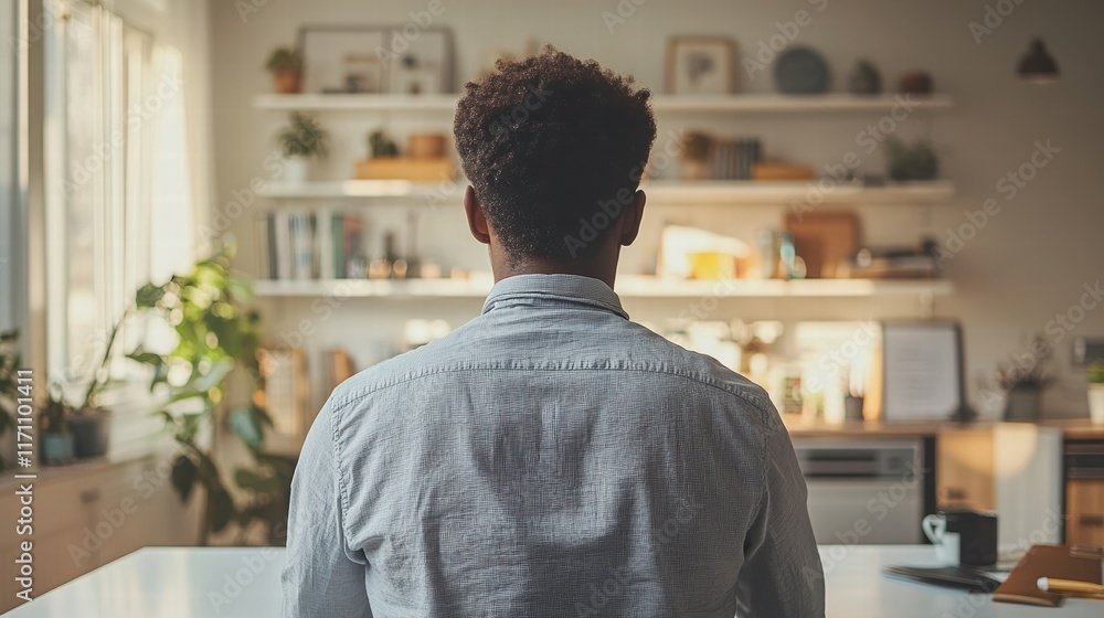 A Man Working at a Minimalist White Desk in a Cozy Home Office Environment A Man Working at a Minimalist White Desk in a Cozy Home Office Environment