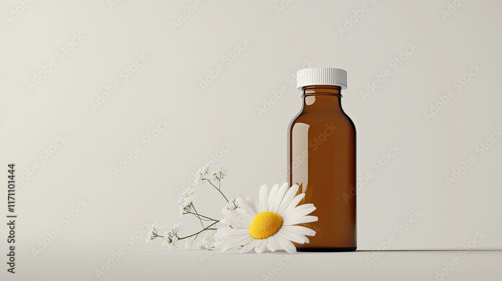 Amber bottle with chamomile, studio shot, product mockup, healthcare. Amber bottle with chamomile, studio shot, product mockup, healthcare.
